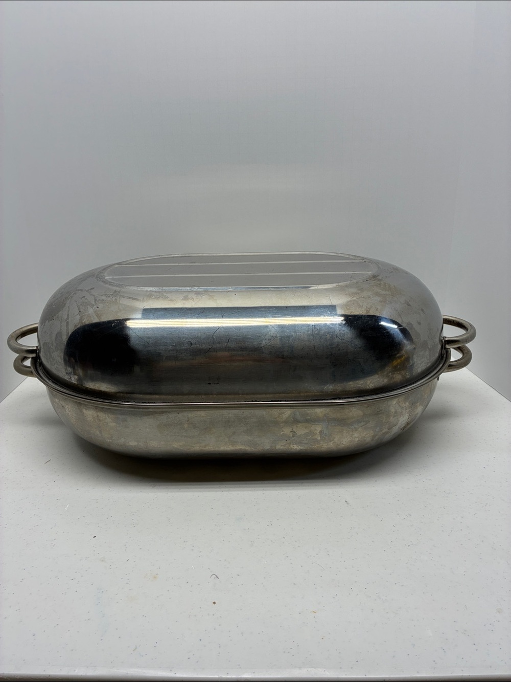 Vintage Stainless Steel Oval Roasting pan with lid Large Turkey Roaster Retro
